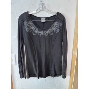 Harley Davidson Womens Long‎ Sleeve Thermal Shirt Rhinestone Grey Size M